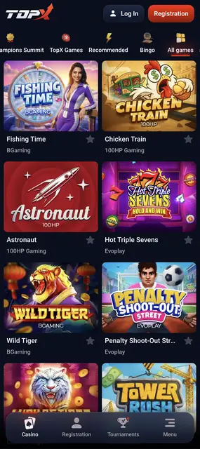 Pantalla de TopX: catálogo general con Chicken Train y Tower Rush